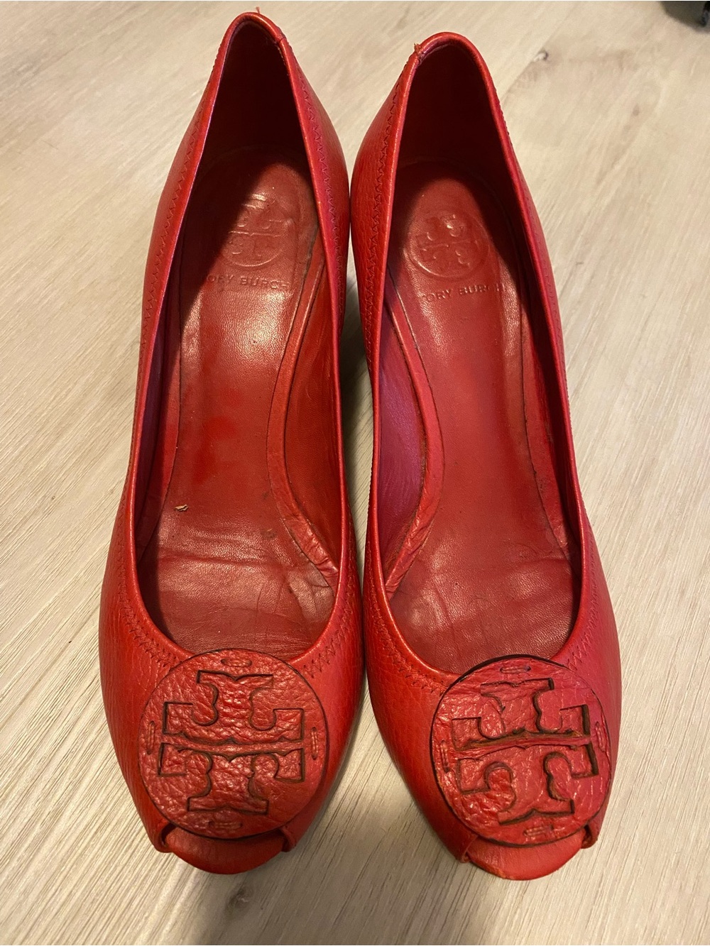 Tory Burch Red Pebbled Leather Sally Peep-Toe Wedge Pumps - Size 9